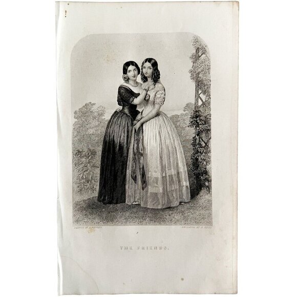 1859 Friends 2 Beautiful Girls Engraving Victorian Fashion Friendship Art DWY5E - Picture 2 of 2